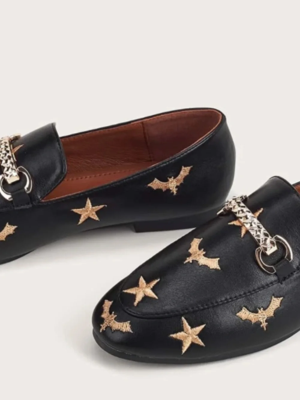 Bat Star Embroidered Loafers Black Horsebit Flat Slip On Shoes Smooth Leather